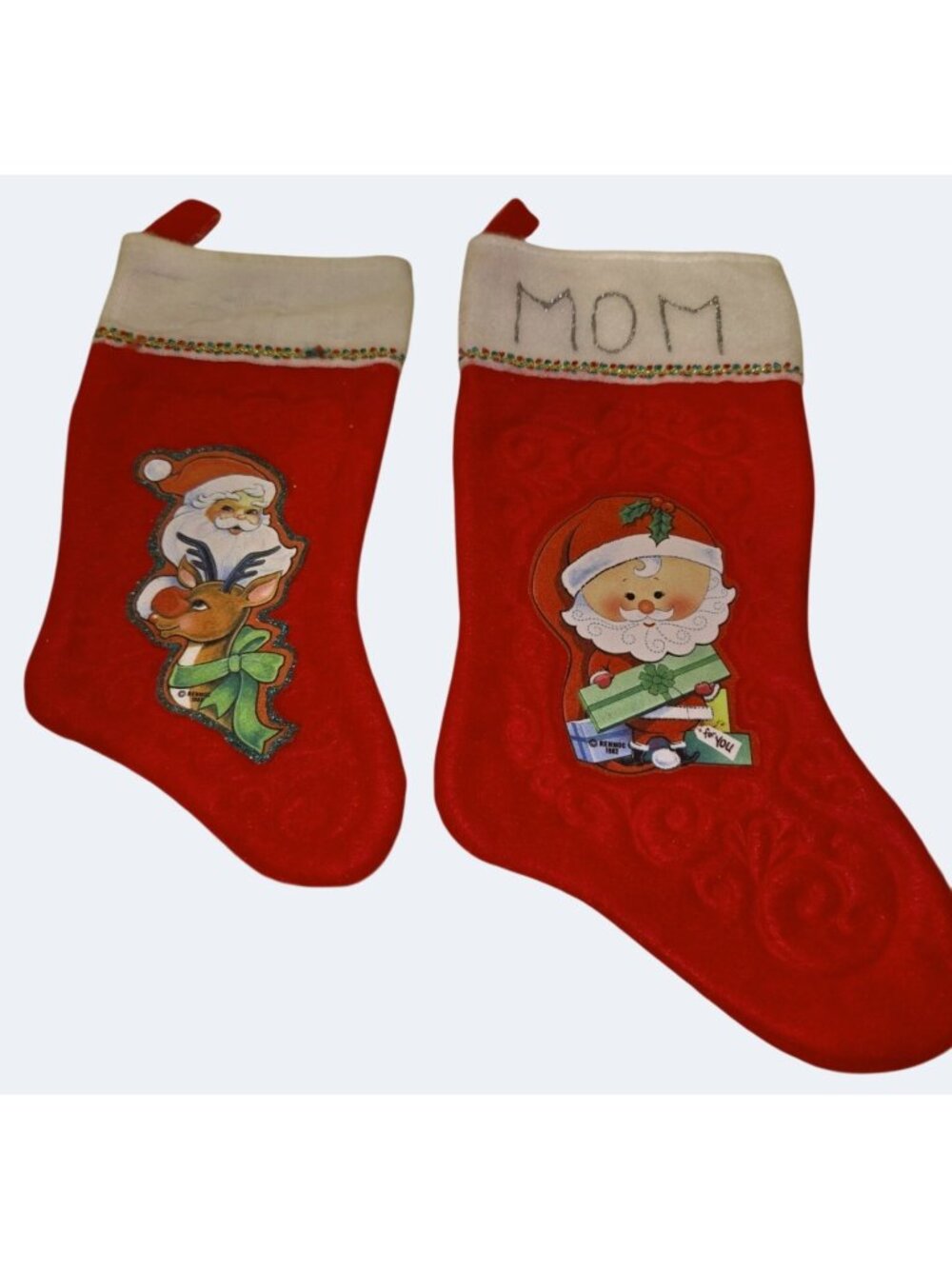 Vintage 1982 Rennoc Christmas Stockings Santa & Rudolph Red Felt Set Of 2 Person